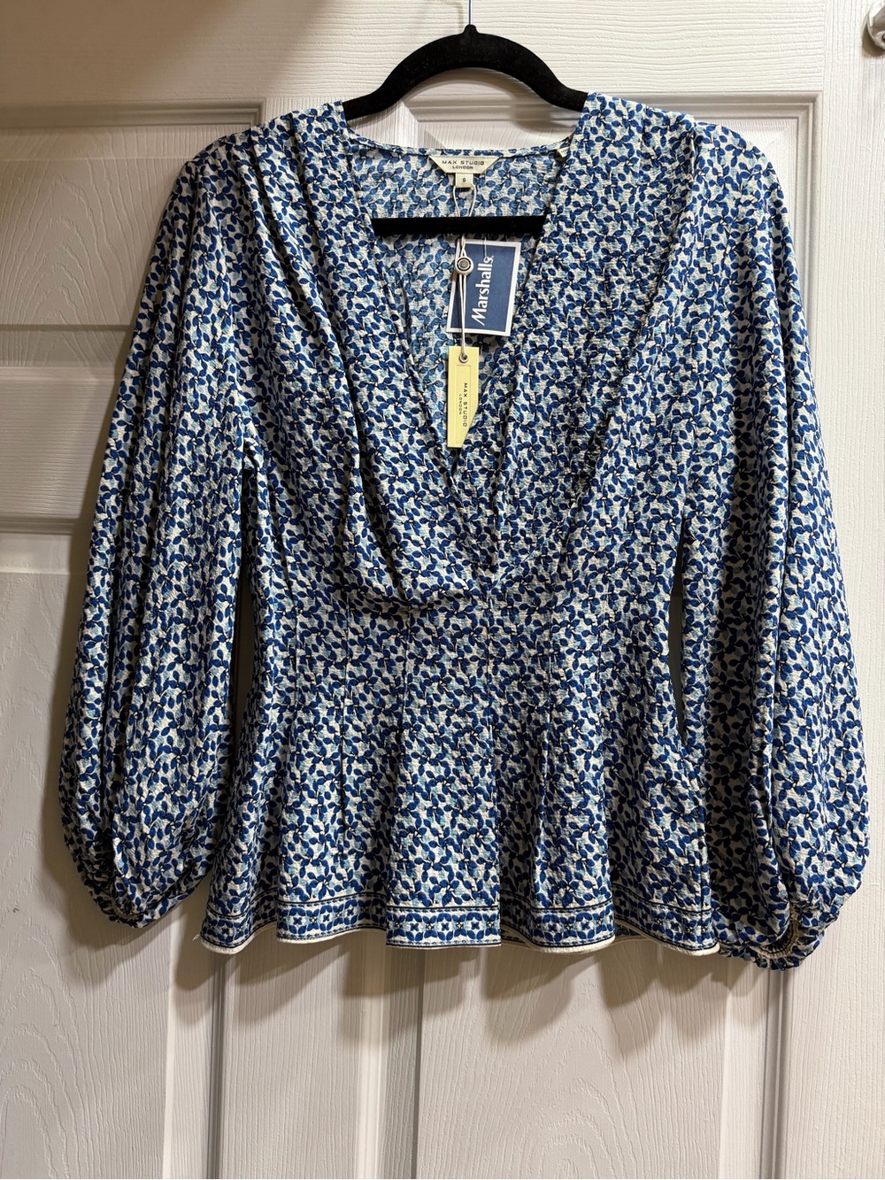 Max Studio White and Blue Floral V-Neck Peplum Blouse
